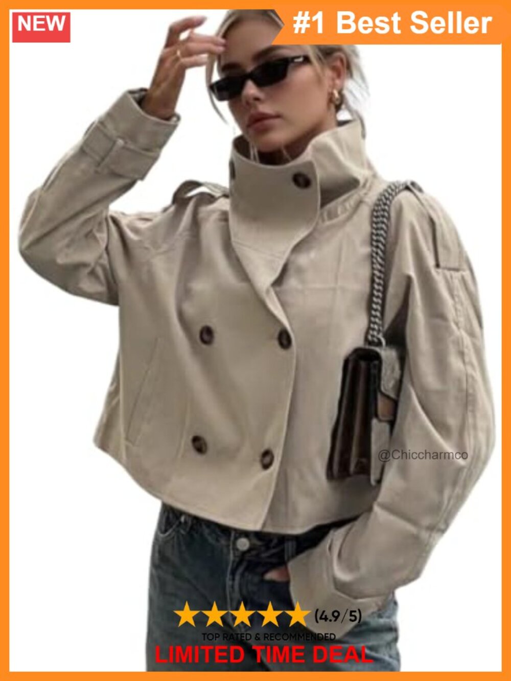 Cropped Trench Coat Double Breasted Funnel Neck Business Casual Jacket